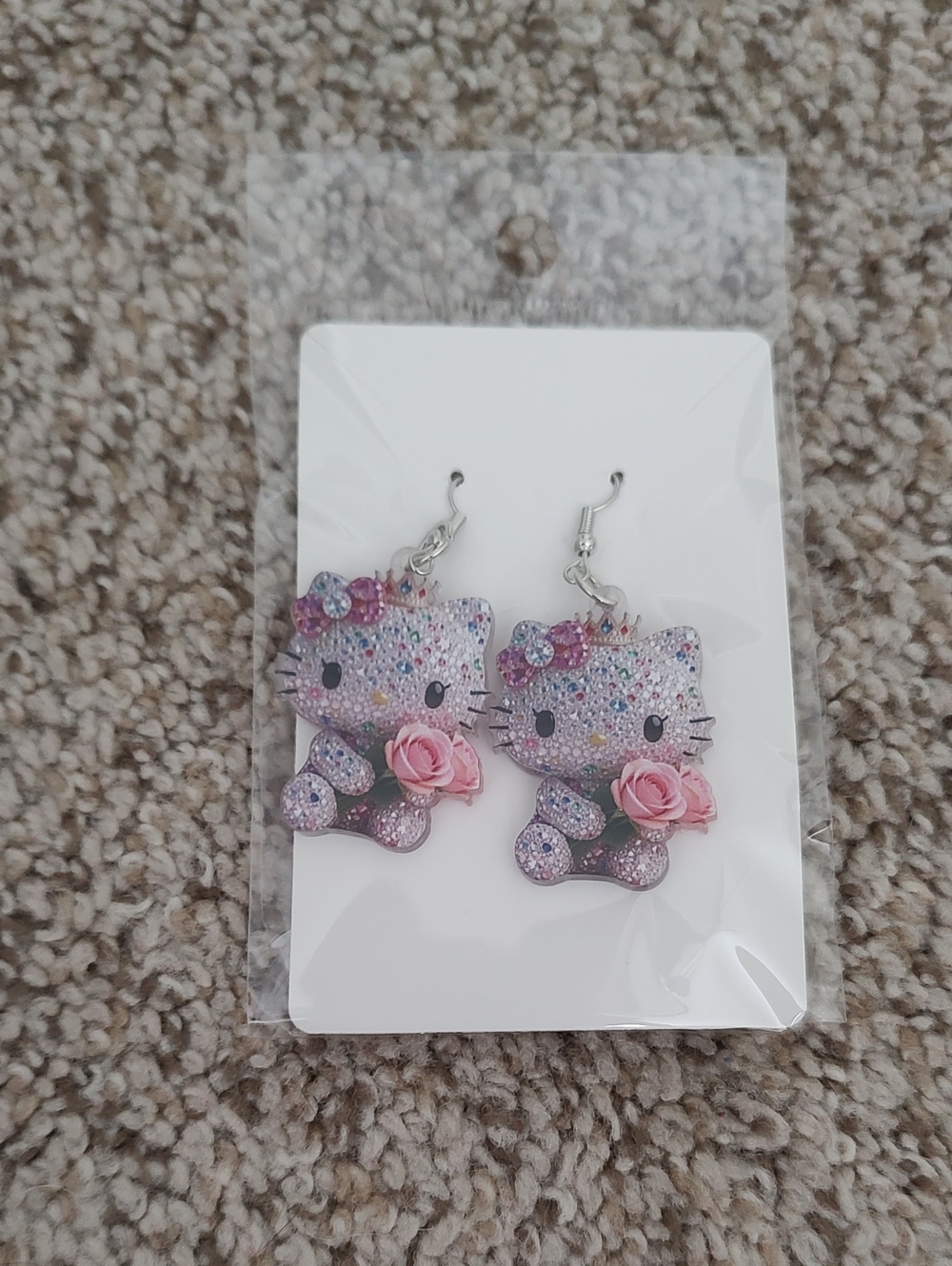 Hello Kitty Pink Glitter Drop Earrings with Rose Accents